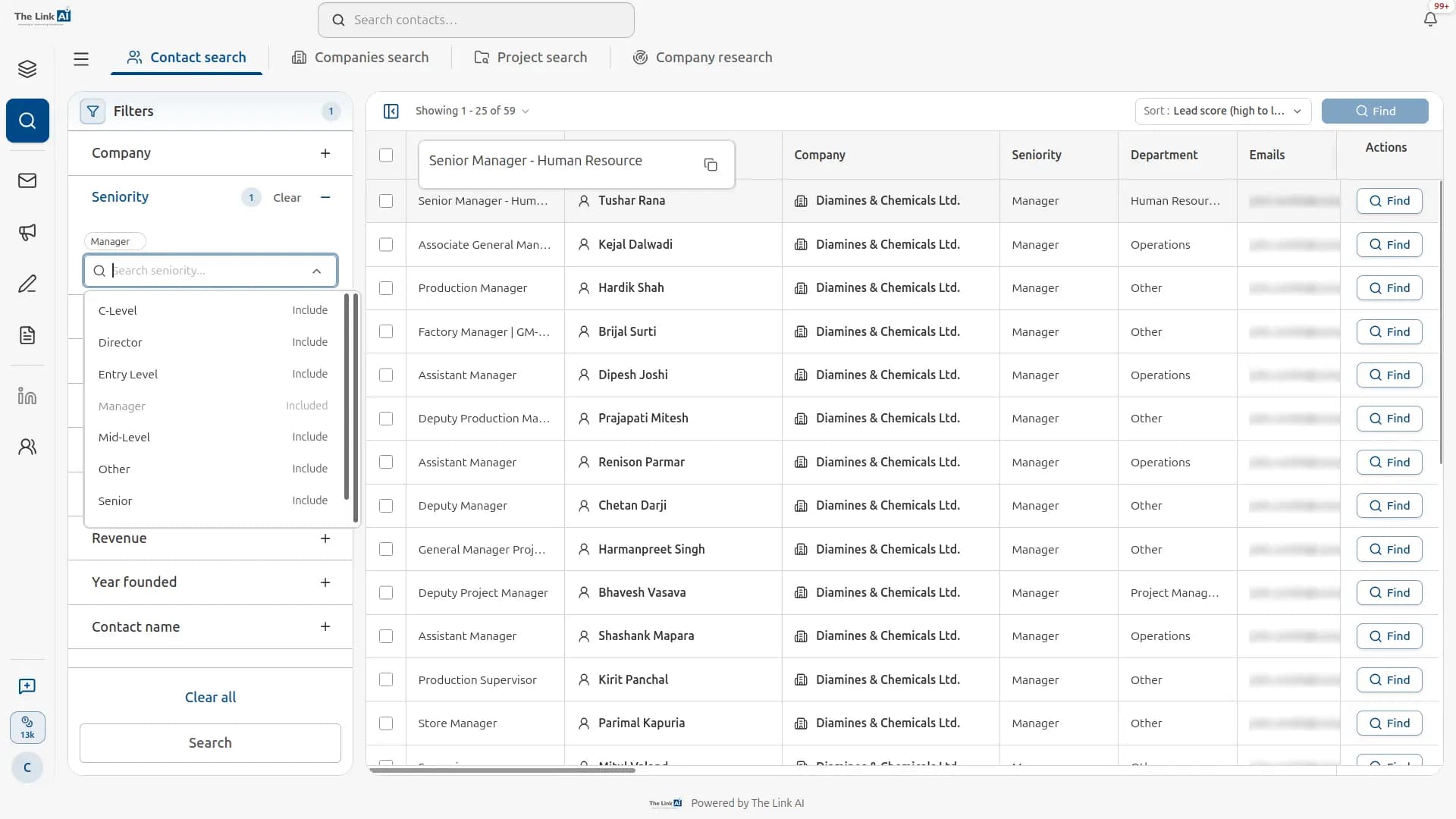 VCMO Lead Intelligence workspace showing contact search and decision-maker results