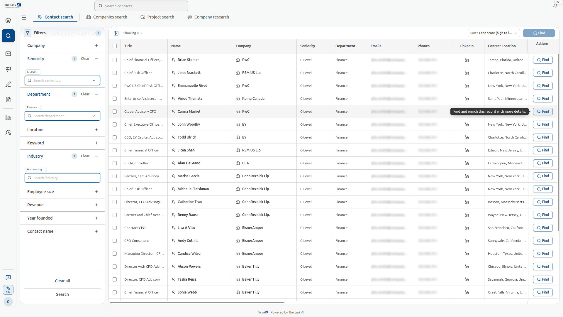 VCMO Contact Search with seniority and industry filters and lead-scored decision-maker results