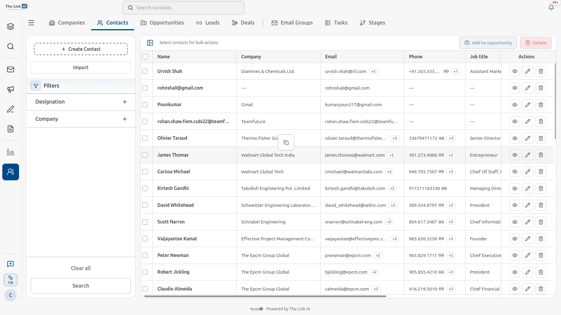 VCMO Contacts Module with decision-maker relationships and opportunity links