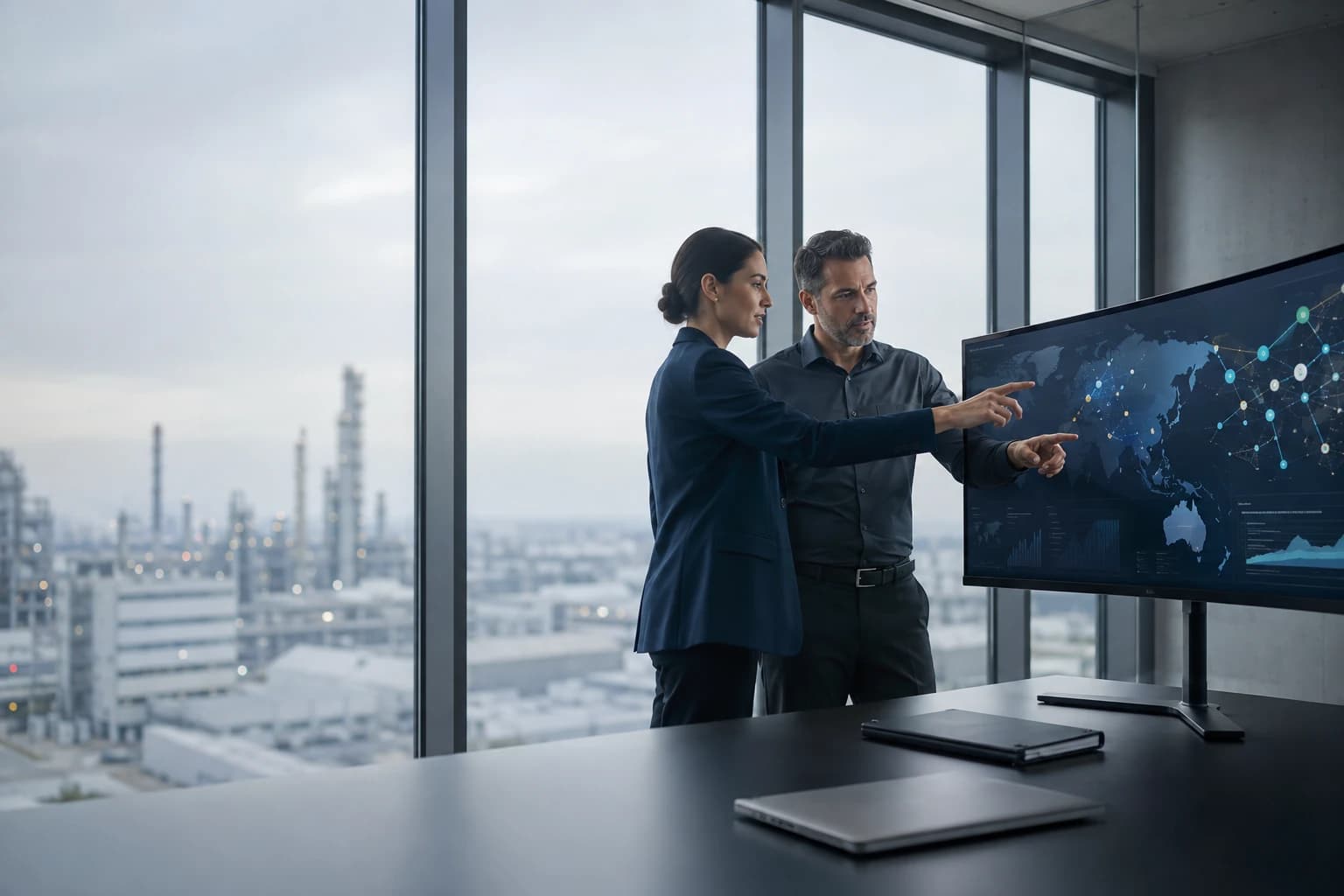 Industrial enterprise leadership reviewing market intelligence and business strategy