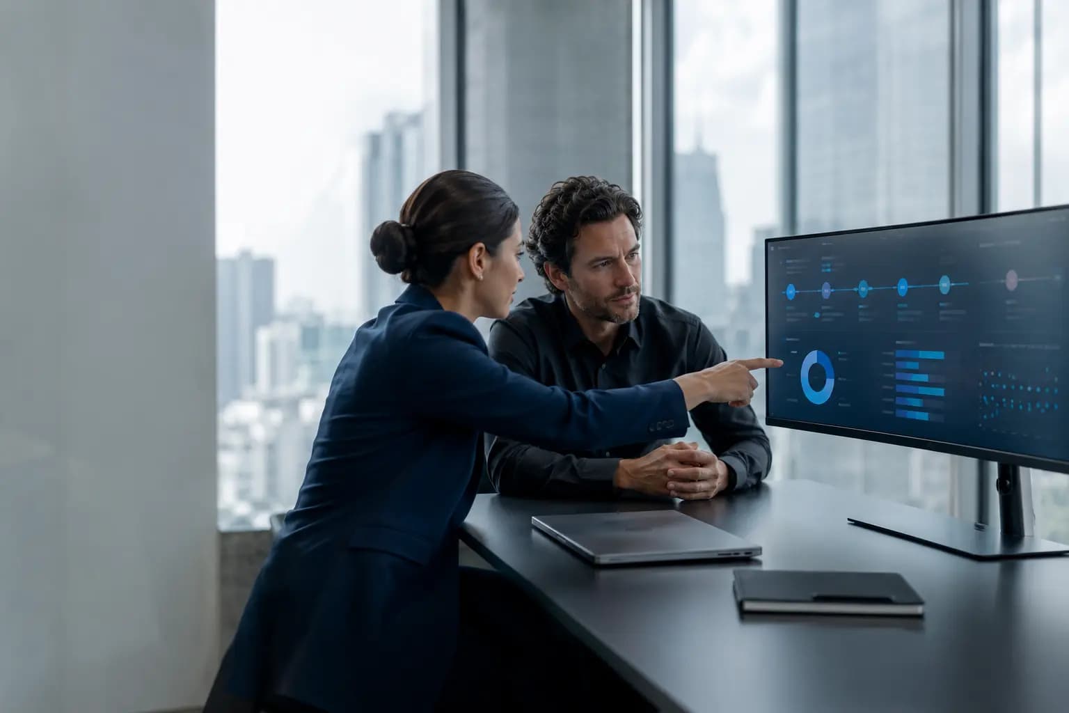 Enterprise sales team in a pipeline review meeting with performance data