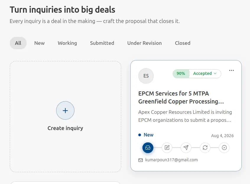 VCMO Inquiry workspace with RFQ and proposal context for qualified pursuits