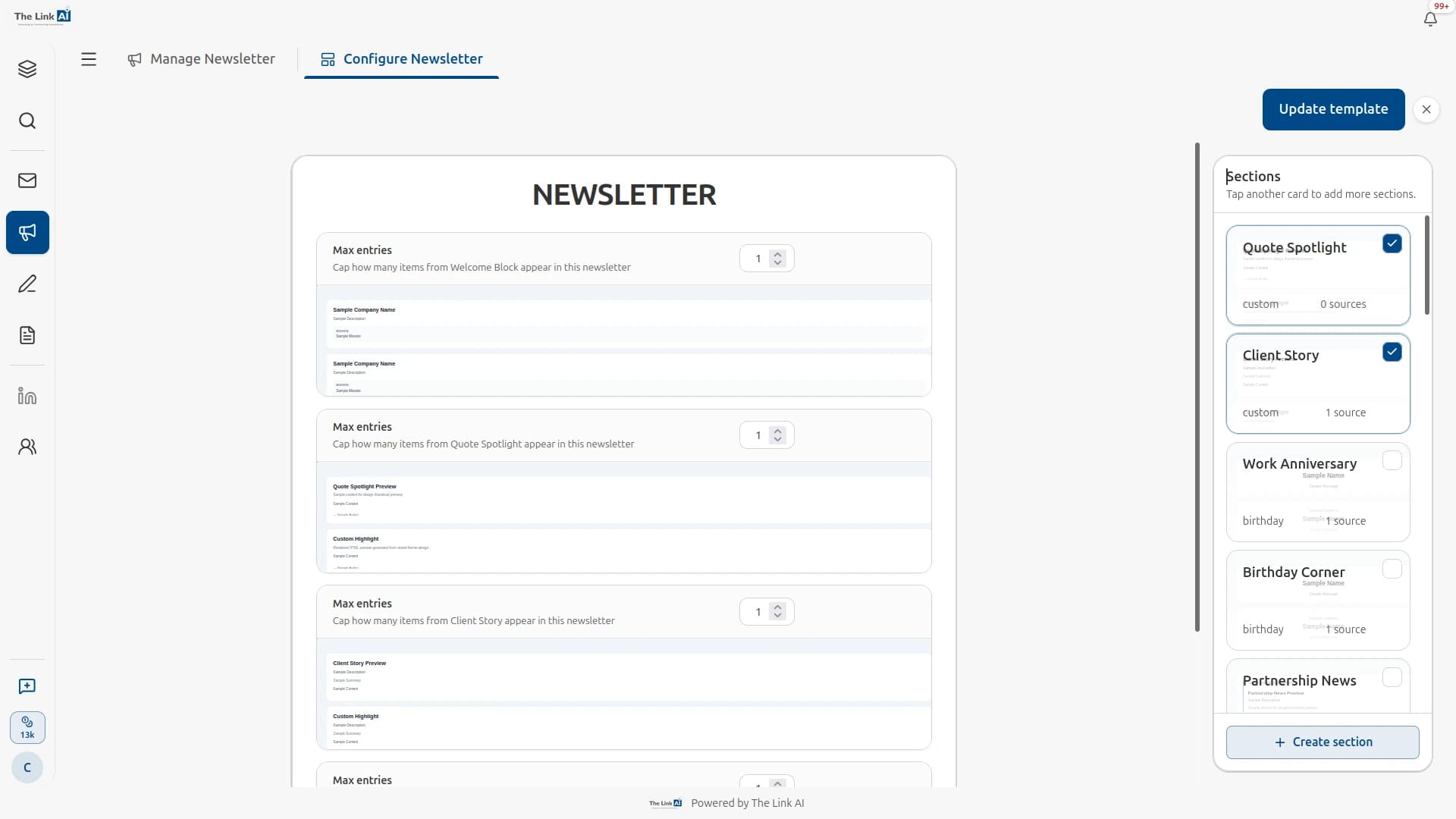 VCMO Newsletter Studio showing drag-and-drop email builder interface