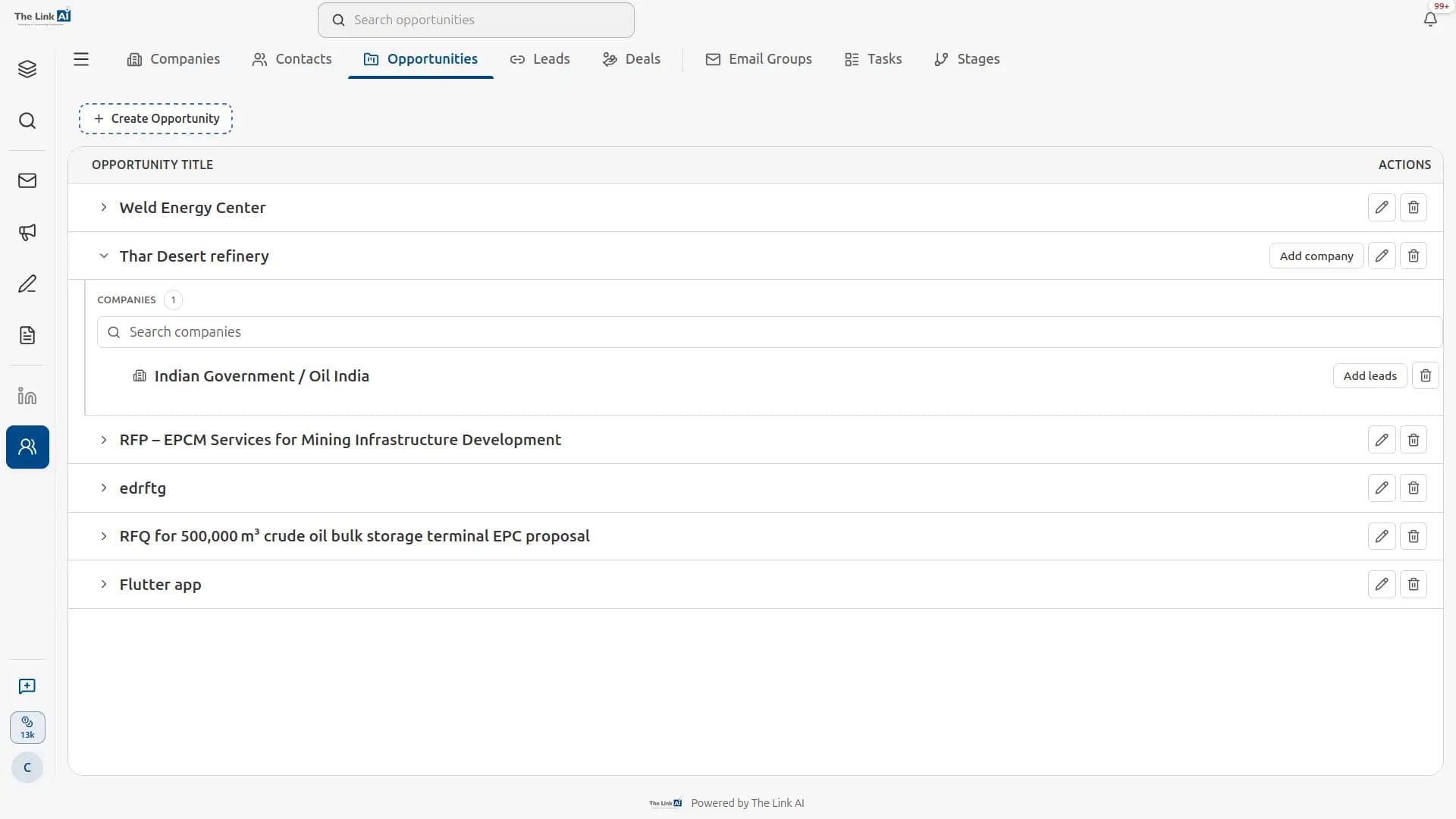 VCMO Opportunities Module with pipeline stages and opportunity hierarchy