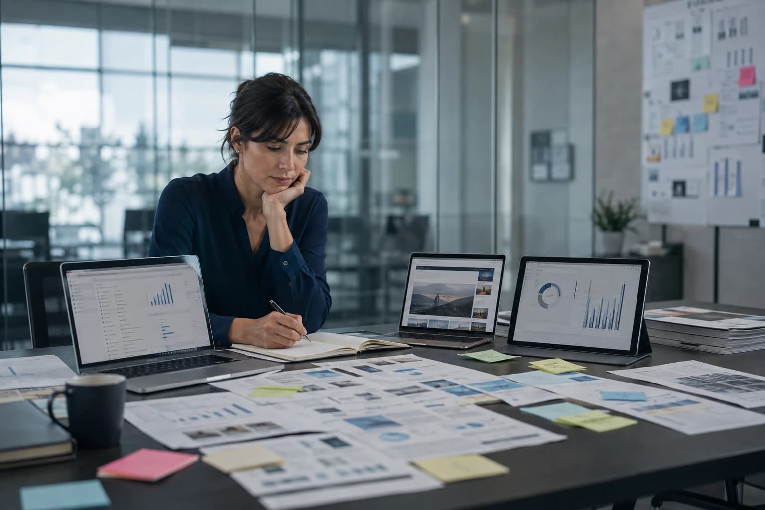 Marketing strategist reviewing multiple disconnected content platforms