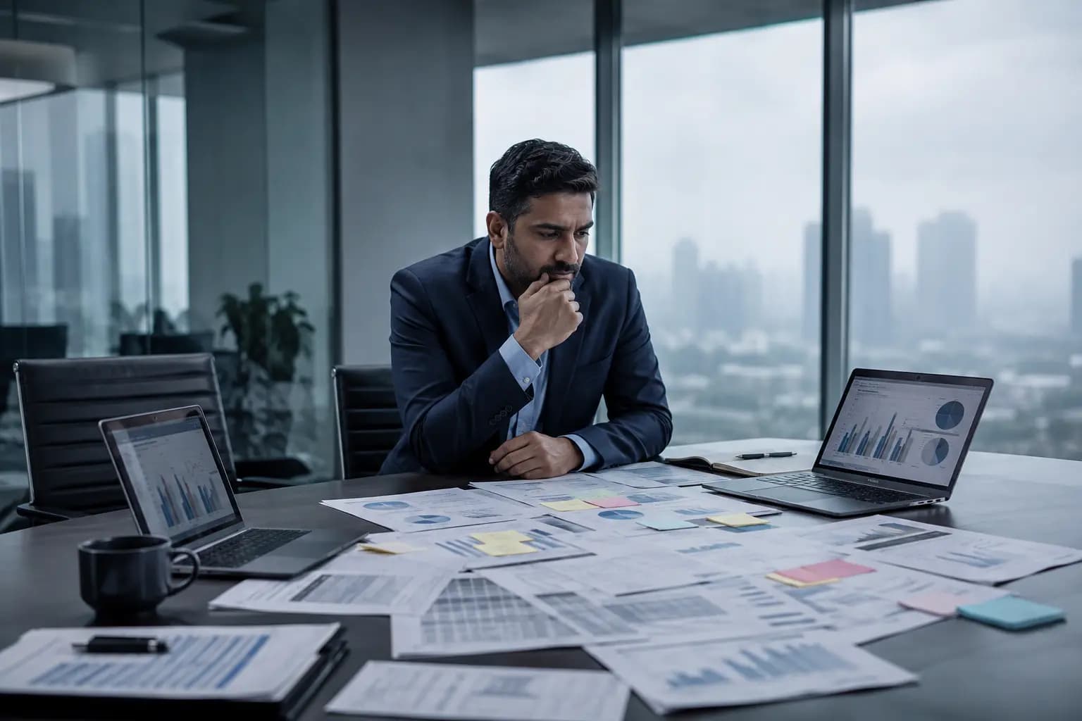 Business leaders reviewing spreadsheets and disconnected data sources during planning