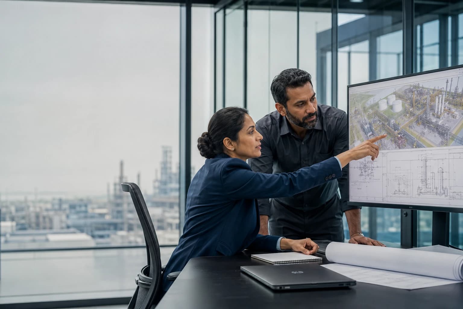 Engineering professionals reviewing technical documents and project specifications