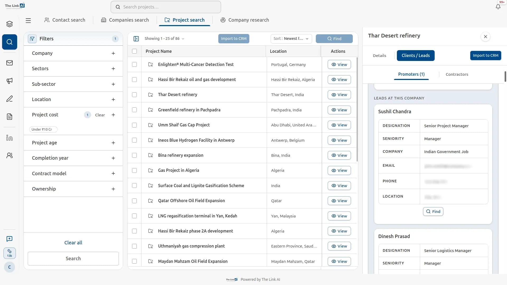 VCMO Project Search listing capital projects and owner organisations for EPCM BD teams