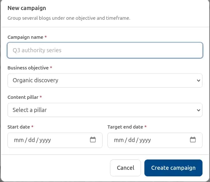 VCMO Blog Intelligence Campaign Creation with objectives and publishing timeline