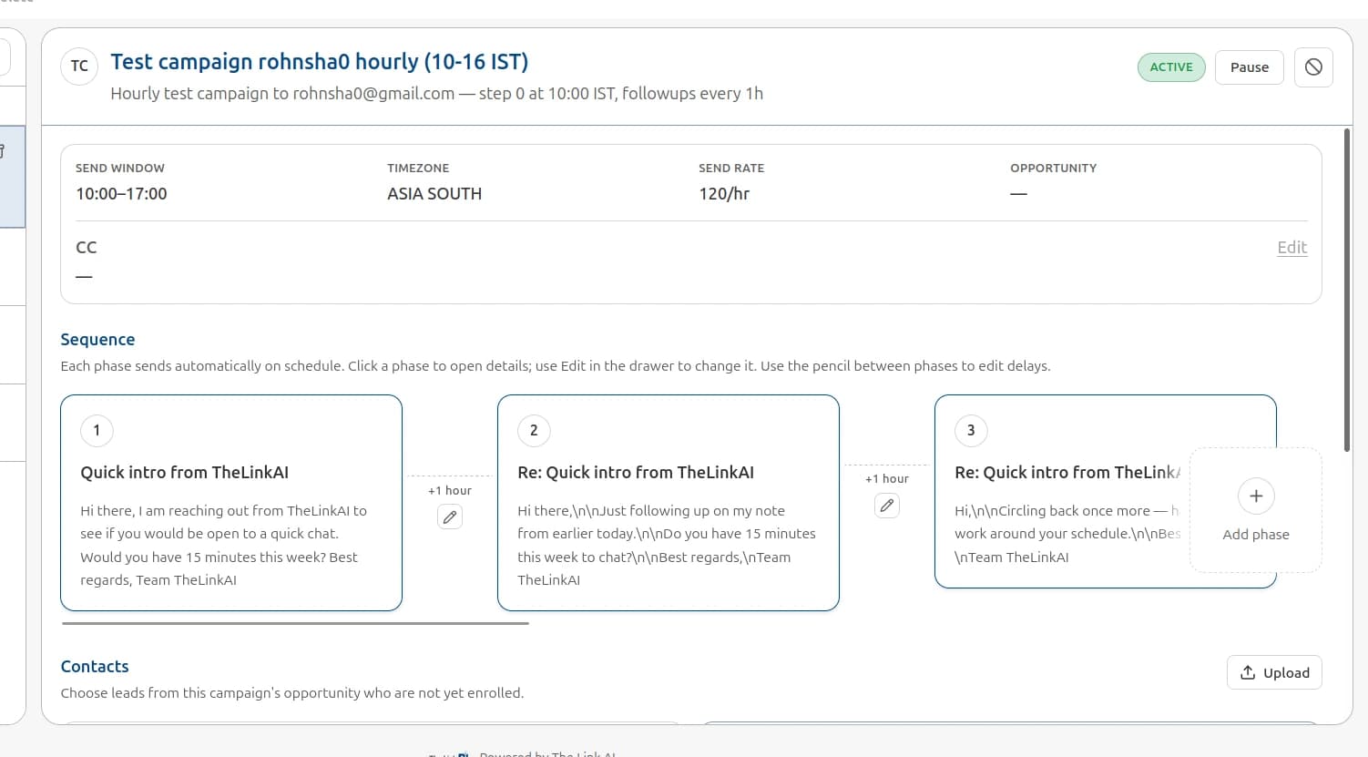 VCMO Campaign Sequence Builder with automated B2B follow-up steps and active status tracking