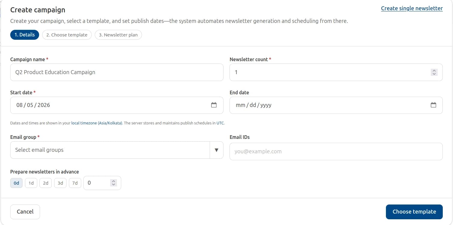 VCMO Create Campaign wizard with newsletter count, dates, email groups, and template selection