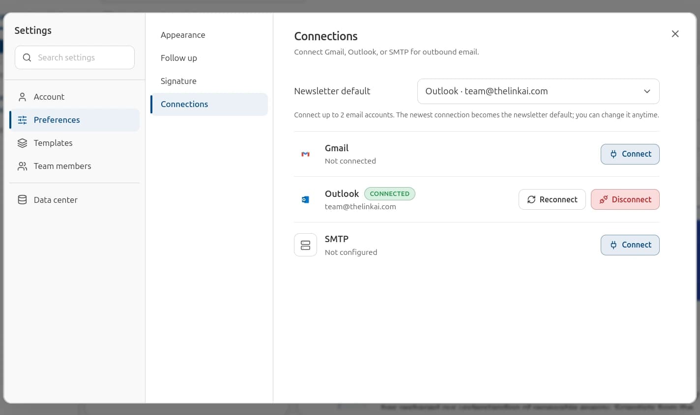 VCMO Email Connection Settings with Outlook, Gmail, and SMTP enterprise integration