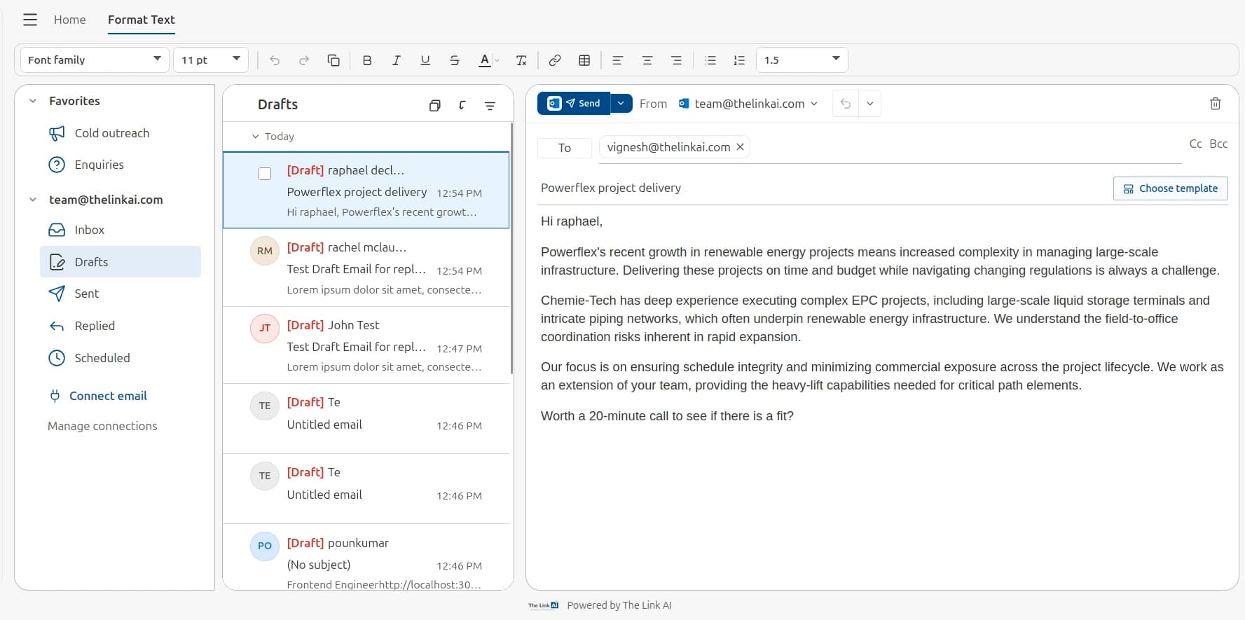 VCMO AI Cold Outreach workspace with personalised drafts, recipient management, and enterprise mailbox sending