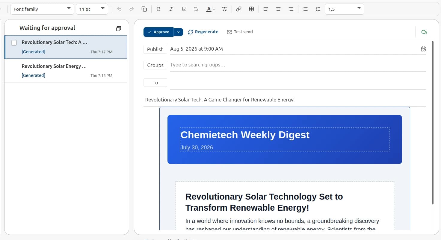 VCMO Newsletter Management Dashboard with approval queue and AI-generated newsletters
